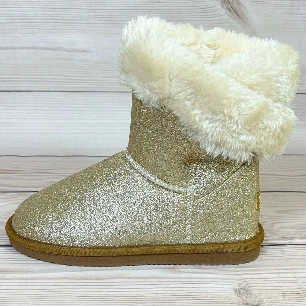 Lamo APRES Girls Size 2 Y Gold Glitter Boots Faux Fur Cozy Sparkly Slip On Youth